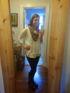 Day 4: white flowy top, grey leggings