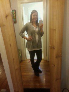 Day 5: white tee under grey cardigan, grey leggings