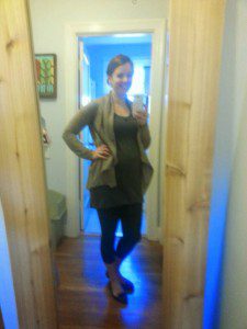 Day 7: brown a-symmetrical cardigan over grey tank dress (over black long sleeve layer for warmth), black capri leggings